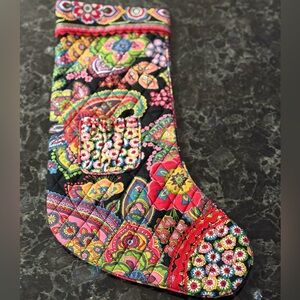 Vera Bradley Christmas stocking cotton quilted with small pocket & jingle bells